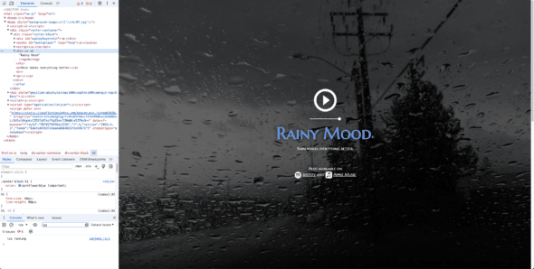 Screenshot of rainymood.com with the Web Inspector open on the left, after all edits have been made.